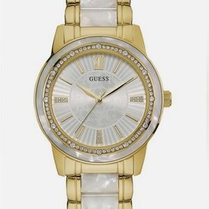 GUESS Gold and White Pearl-Accent Women's Crystal Watch